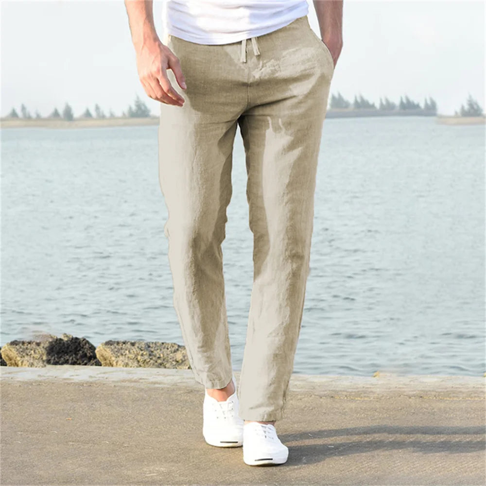 Men Cotton Linen Breathable Straight Trousers Casual