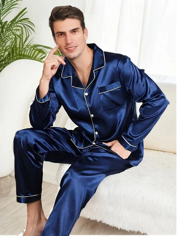 Men Microfiber Satin Pajama Set Long Sleeve Sleepwear
