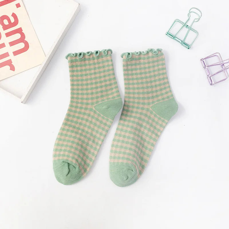 Checkered Cotton Crew Socks for Women