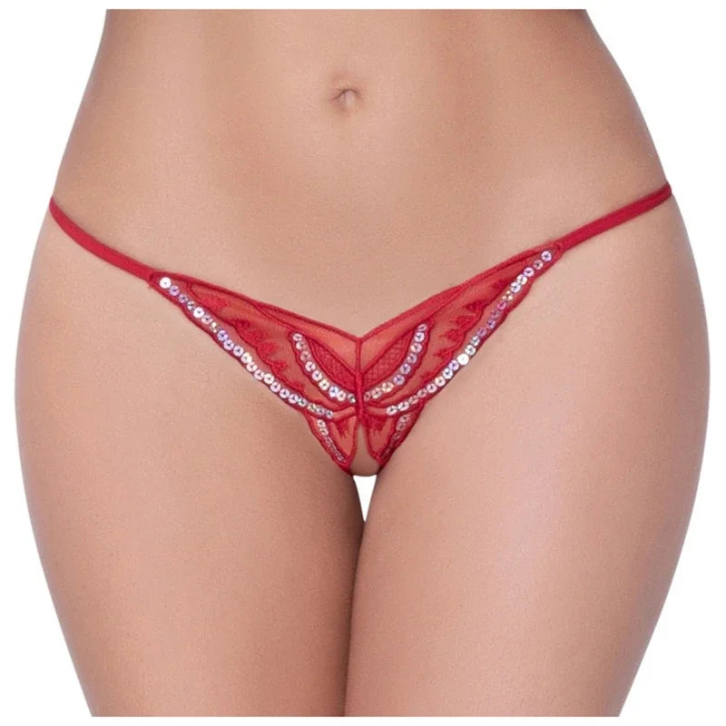 Open Crotch Lace Embroidered Sexy Thong Panties for Women