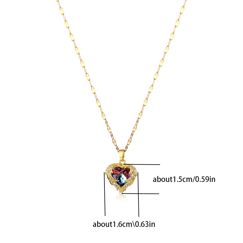 Women Crystal Ocean Heart Pendant Stainless Steel Necklace