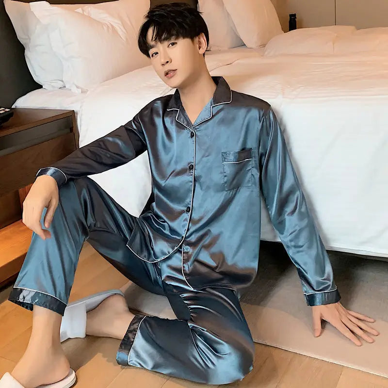 Men Silk Satin Pajamas Set Winter Sleepwear Loungewear