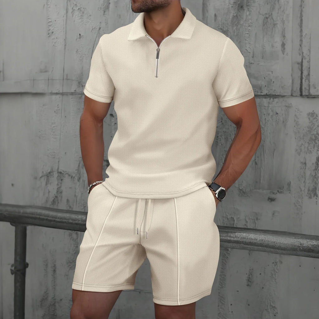 Men Waffle Zip Up Polo Shirt and Shorts Set