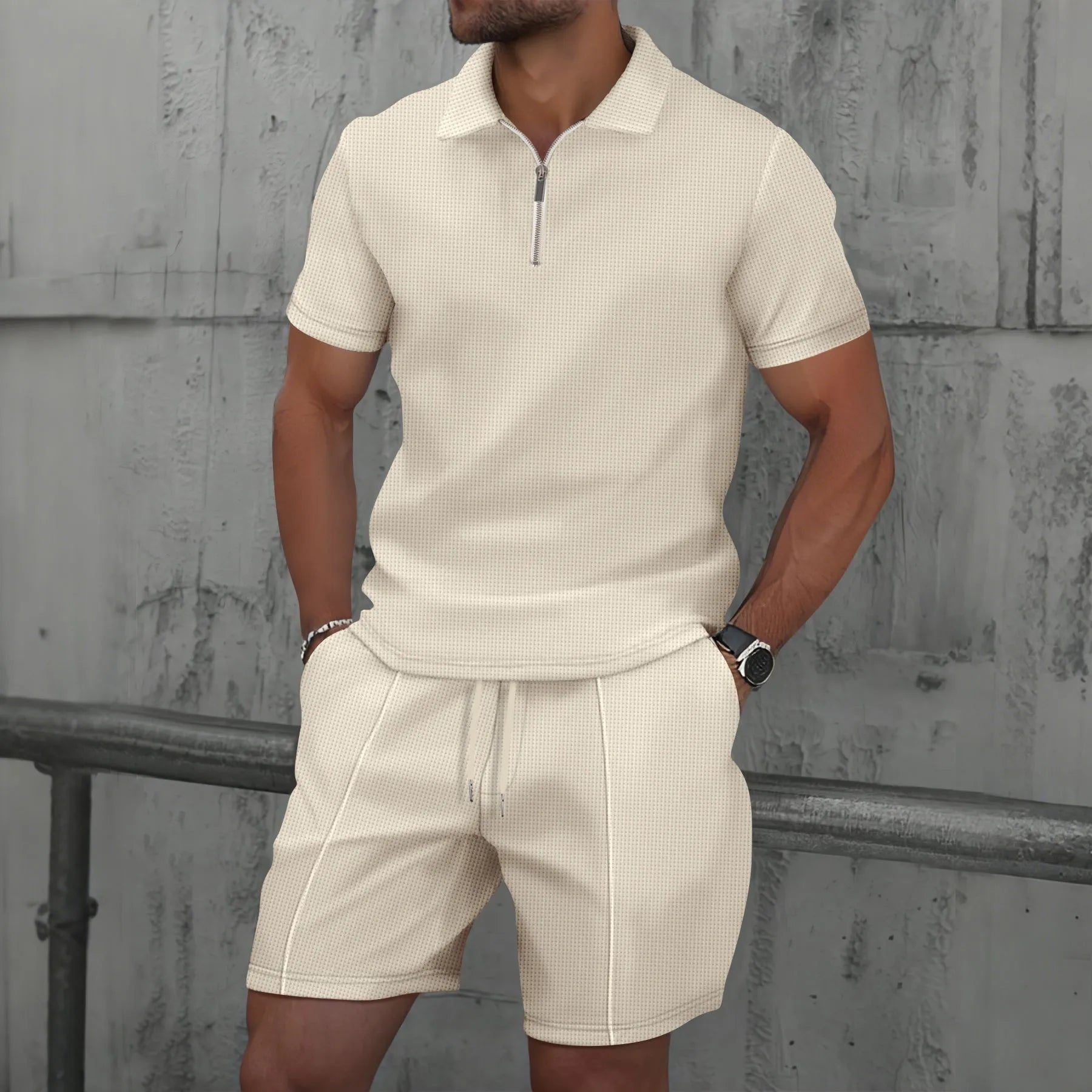Men Waffle Zip Up Polo Shirt and Shorts Set