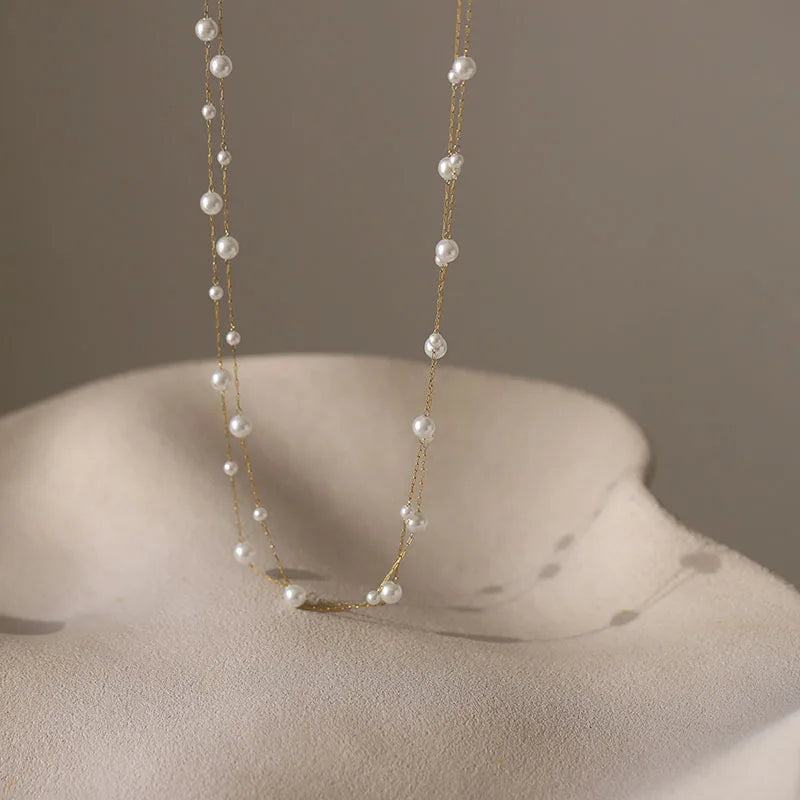 Women Stainless Steel Pearl Chain Choker Necklace
