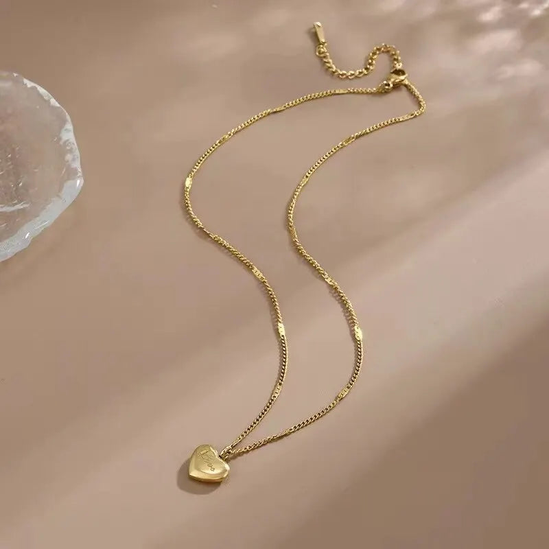 Women Gold Peach Heart Engraved Love Necklace Collarbone Chain