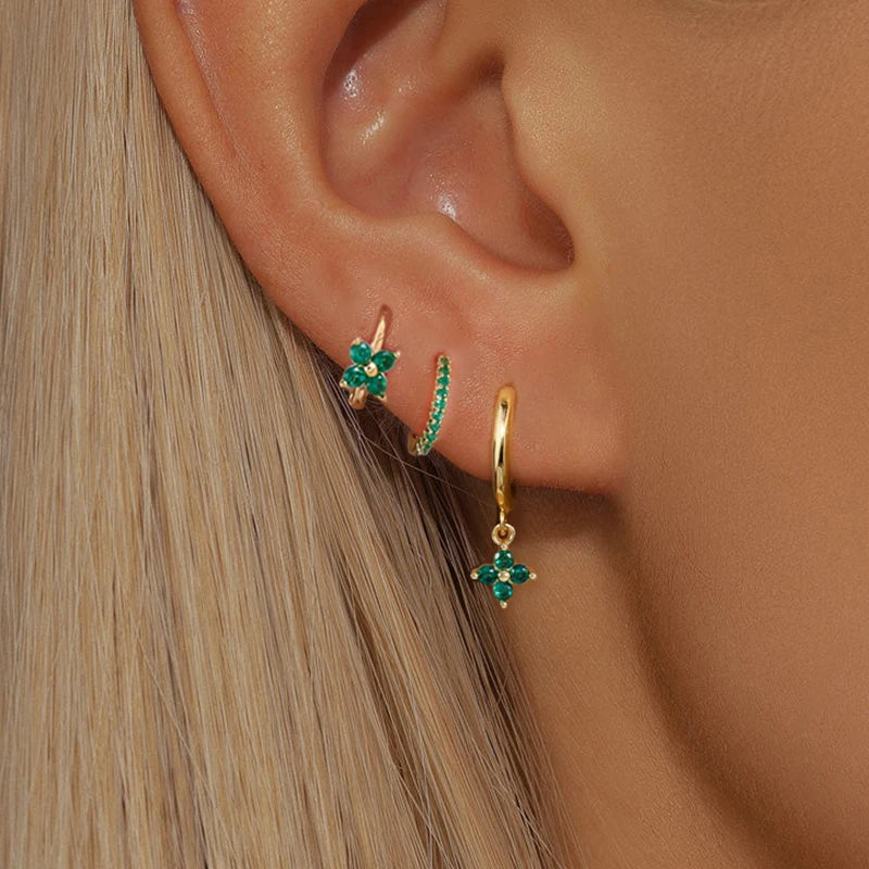 Women Stainless Steel Flower Zircon Drop Earring Set Jewelry