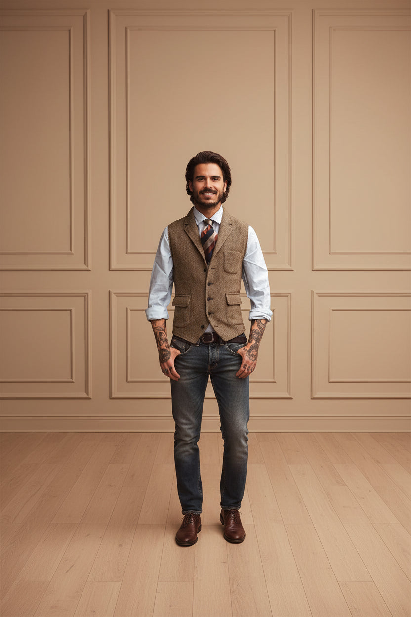 Men Brown Herringbone Waistcoat Vest