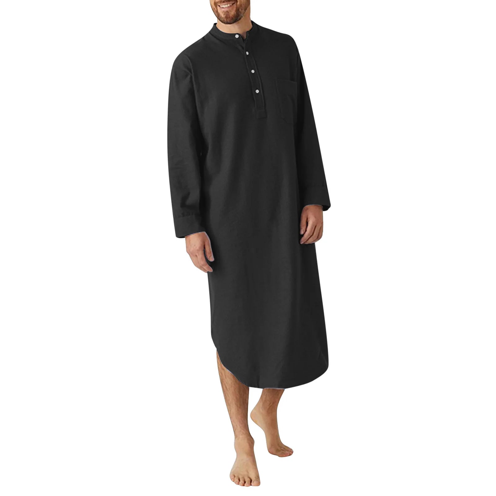 Men Button Down Sleep Robe Stand Collar Bathrobe Nightwear