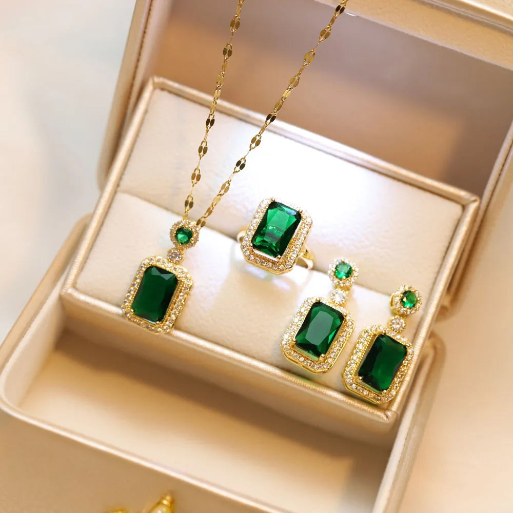 Women Rhinestone Quadrate Necklace Earrings Ring Jewelry Set