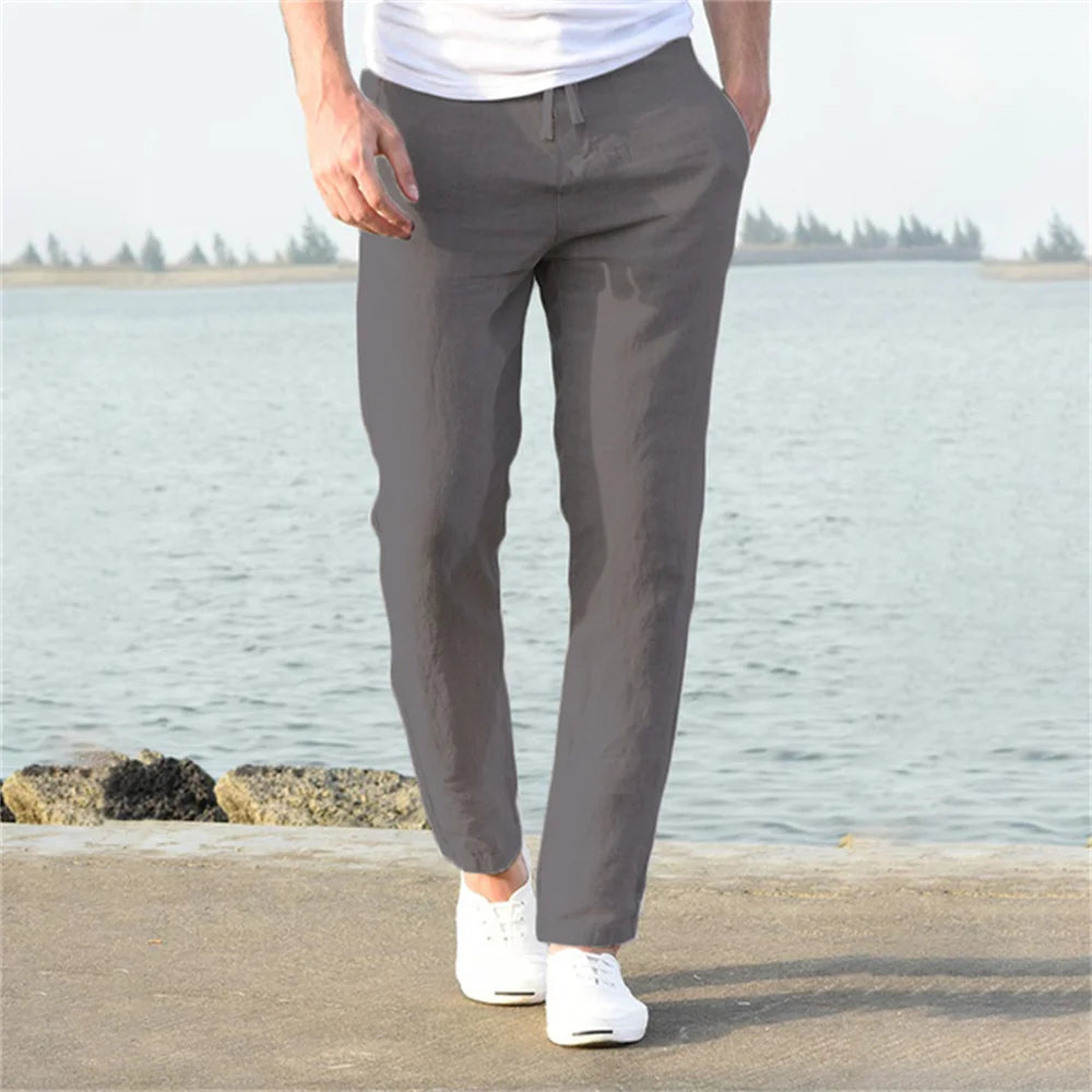 Men Cotton Linen Breathable Straight Trousers Casual