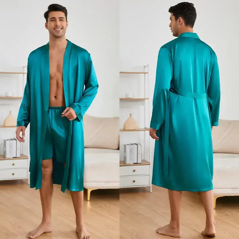 Men Satin Leopard Bathrobe Set Kimono Sleepwear Loungewear