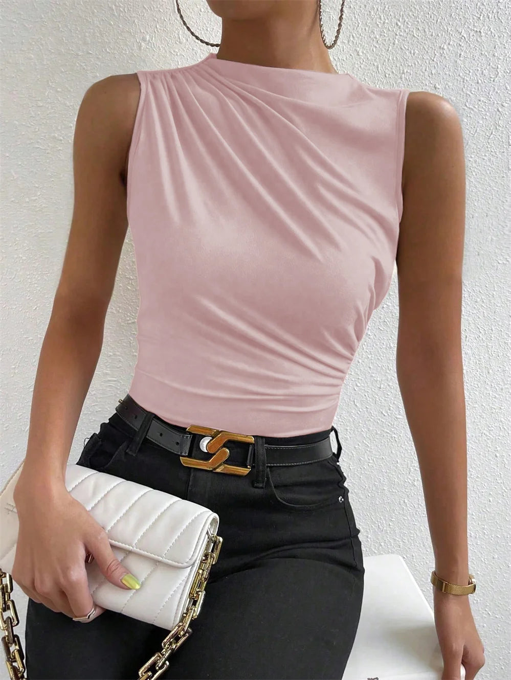 Women Mock Neck Ruched Sleeveless Tank Top