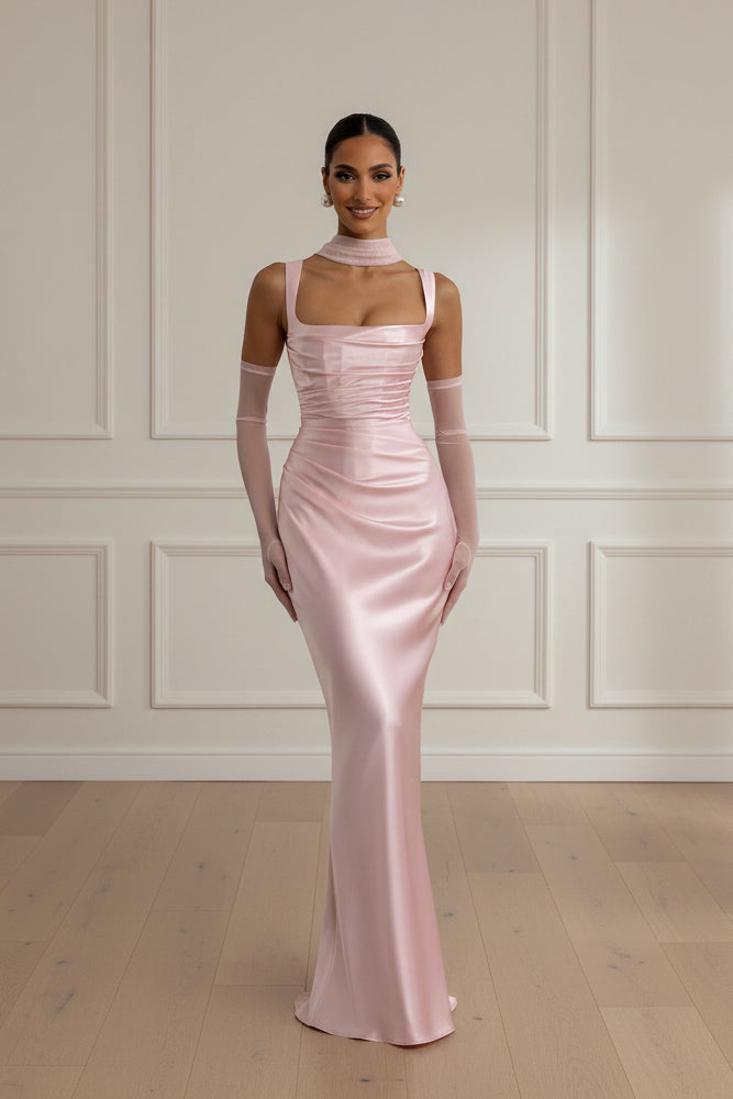 Women Satin Halter Backless Bodycon Maxi Dress