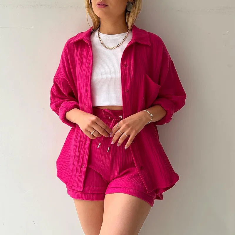 Women Muslin 2 Piece Short Set Button Casual Summer Outfit