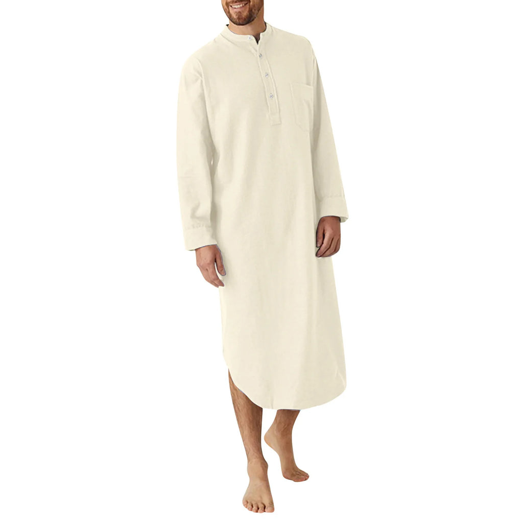 Men Button Down Sleep Robe Stand Collar Bathrobe Nightwear