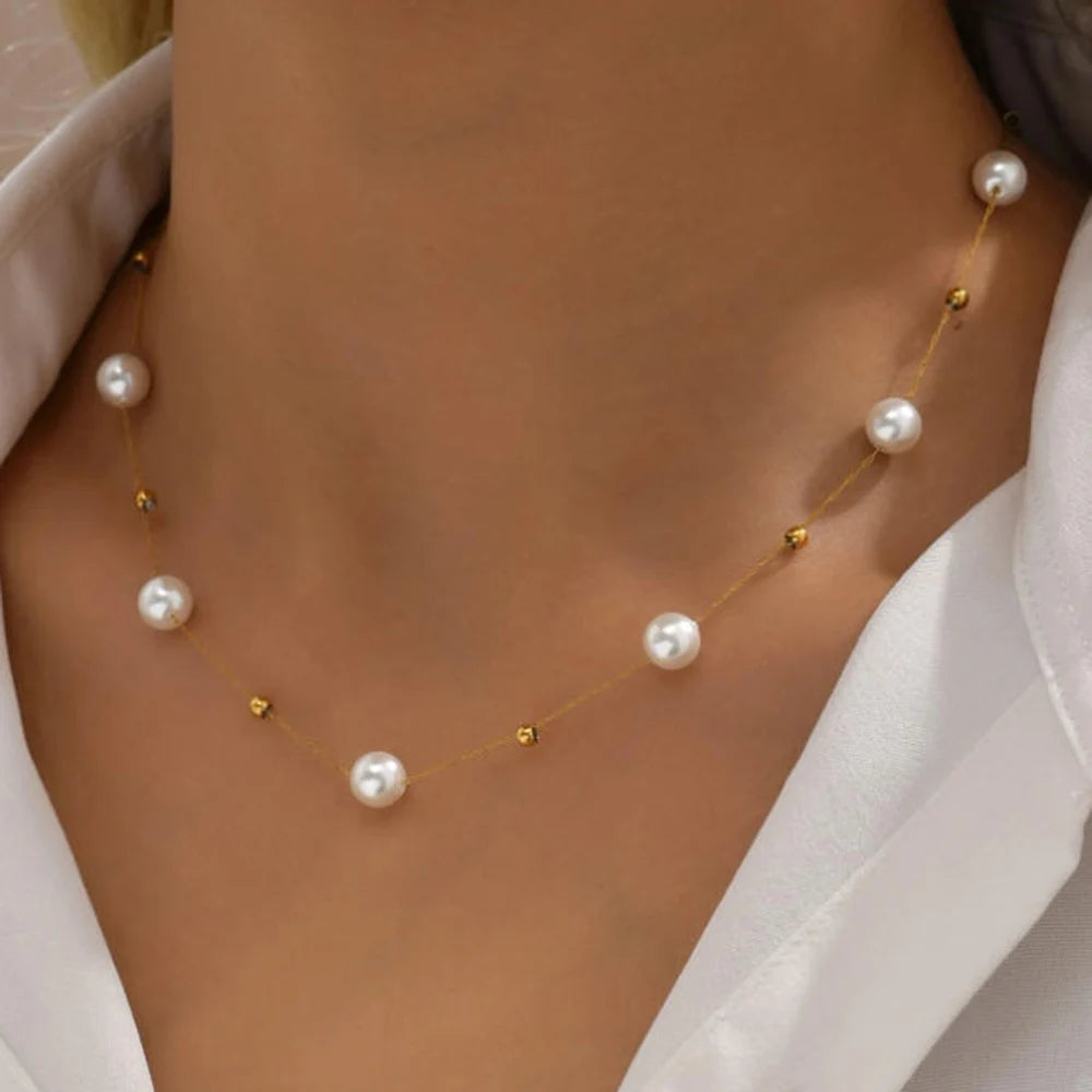Women Stainless Steel Pearl Chain Choker Necklace