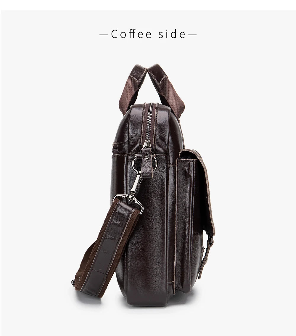 Genuine Leather Double Pocket Briefcase Laptop Crossbody Bag for Men