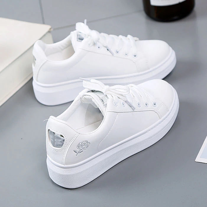 Women Embroidered Lace Up White Shoes