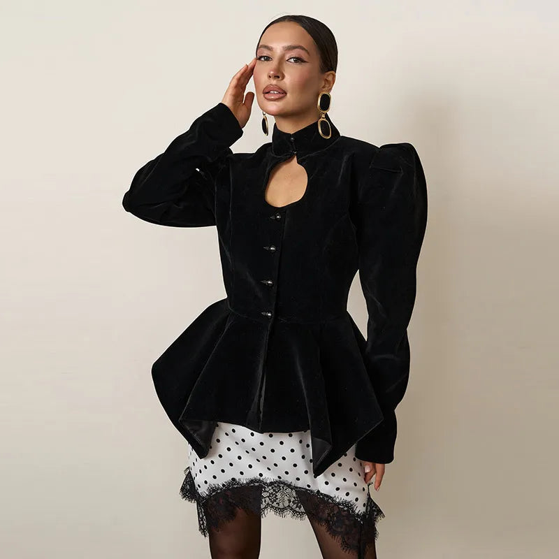 Women Stand Collar Hollow Out Jacket Coat