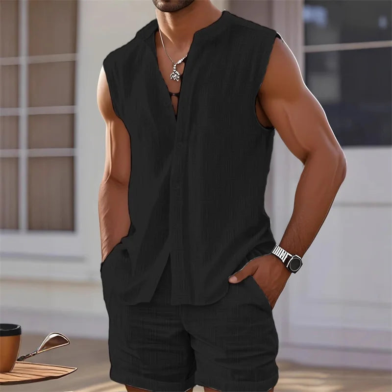 Men Sleeveless Shirt and Plaid Shorts Beach Set