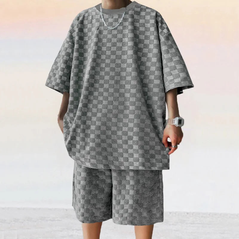 Men Oversized Checkered Shirt and Shorts Casual Set