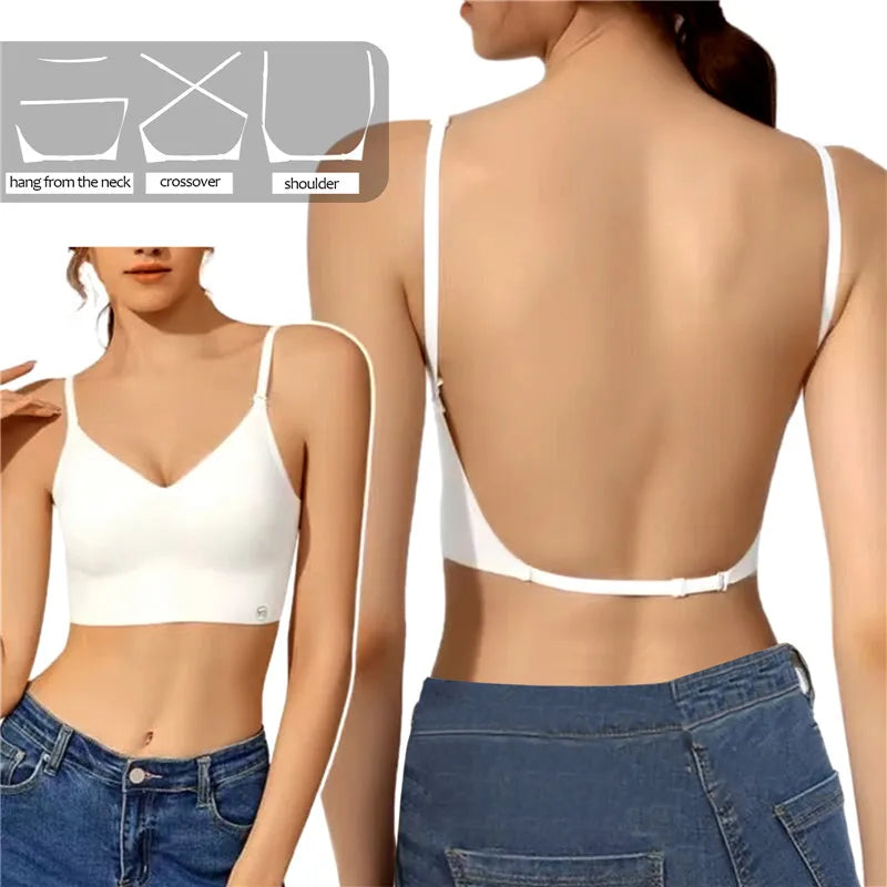 Backless Deep U Plunge Push Up Strapless Bra for Women with Clear Straps