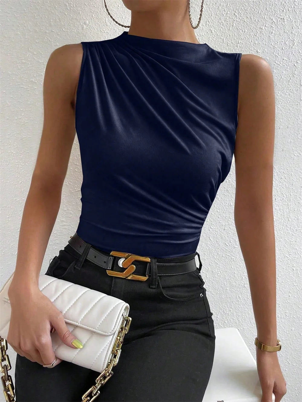 Women Mock Neck Ruched Sleeveless Tank Top