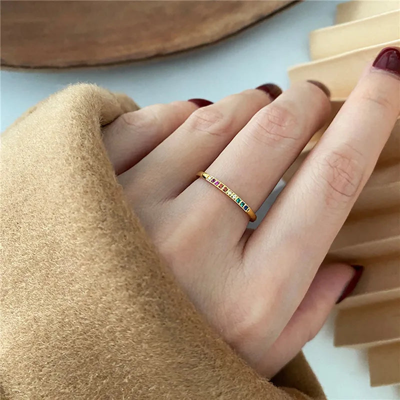 Women Rainbow Zircon Stainless Steel Star Rings Set