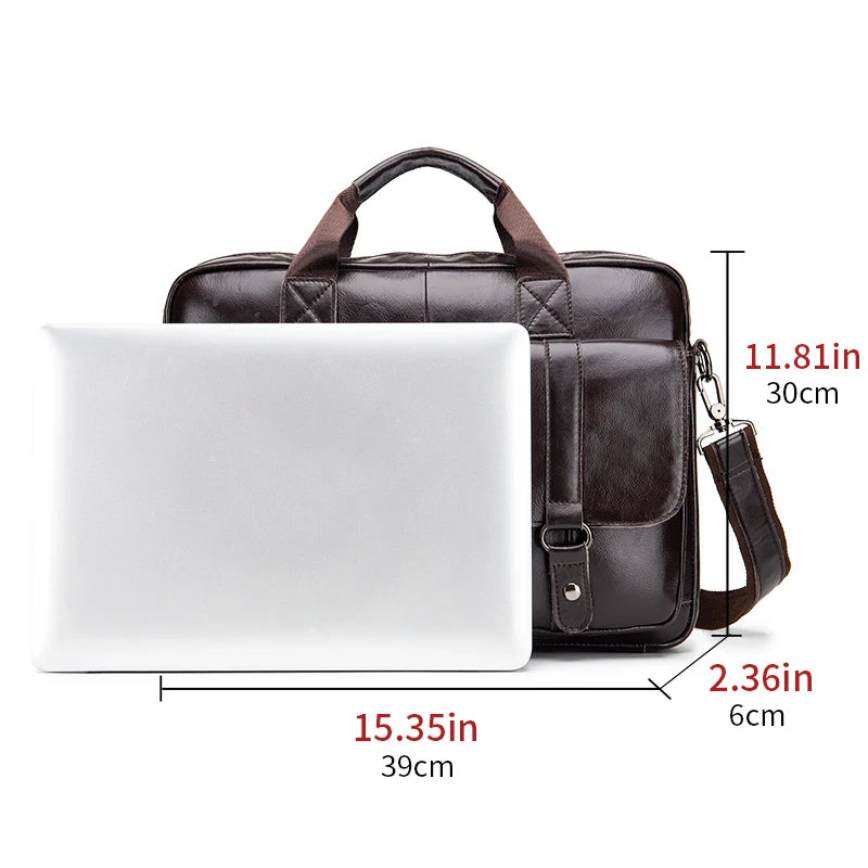 Genuine Leather Double Pocket Briefcase Laptop Crossbody Bag for Men
