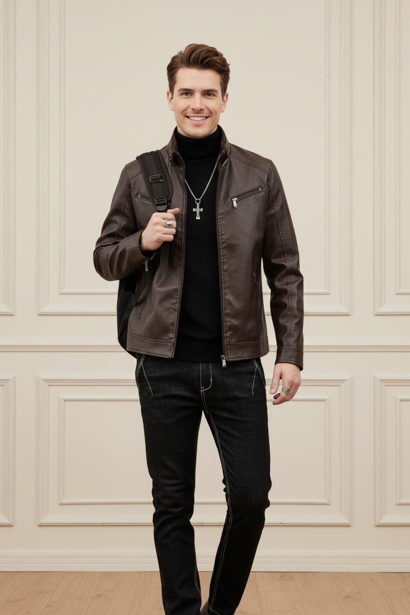 Men Slim Fit Leather Blazer Jacket