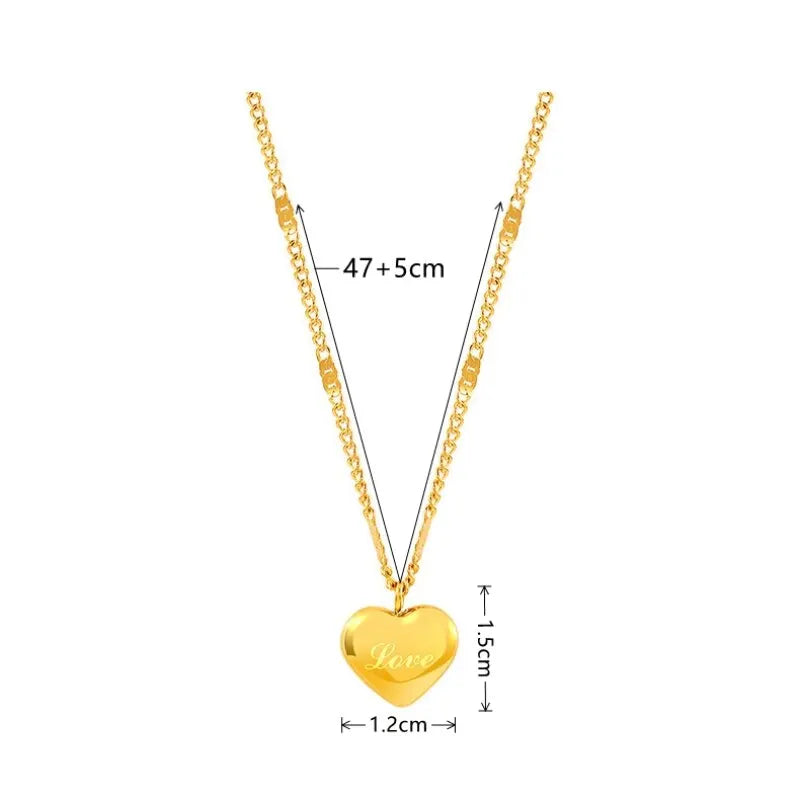 Women Gold Peach Heart Engraved Love Necklace Collarbone Chain