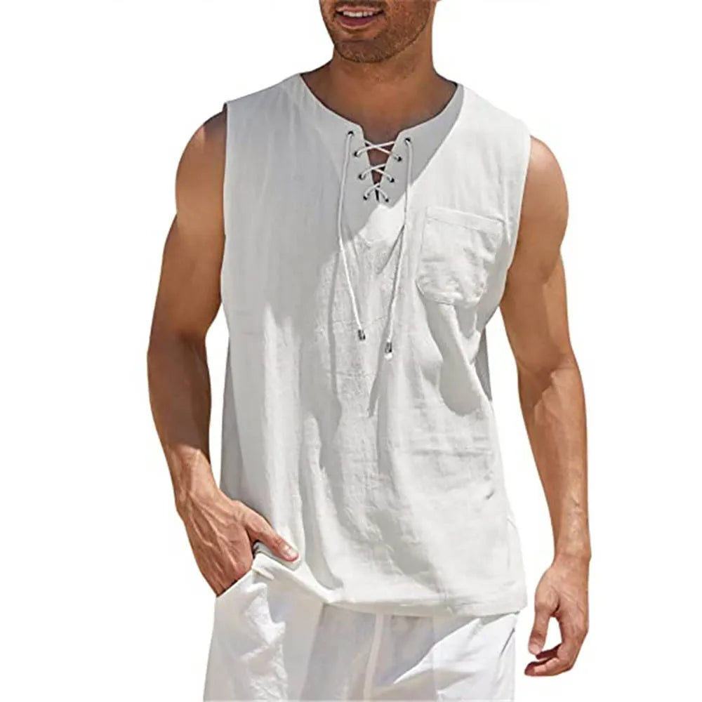 Men Sleeveless V Neck Beach Shirt