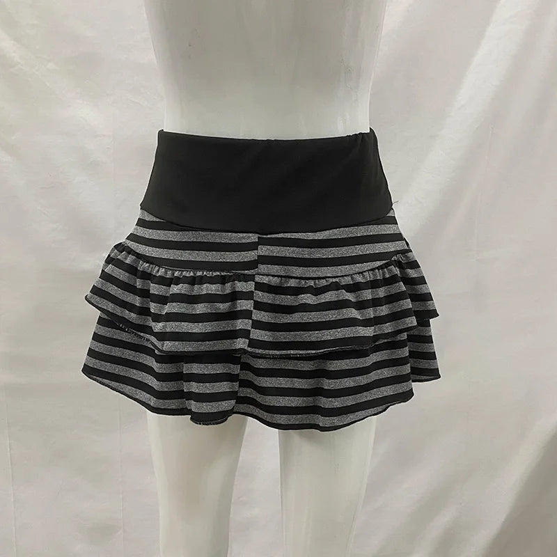 Women Grunge Striped Ruffle Mini Skirt