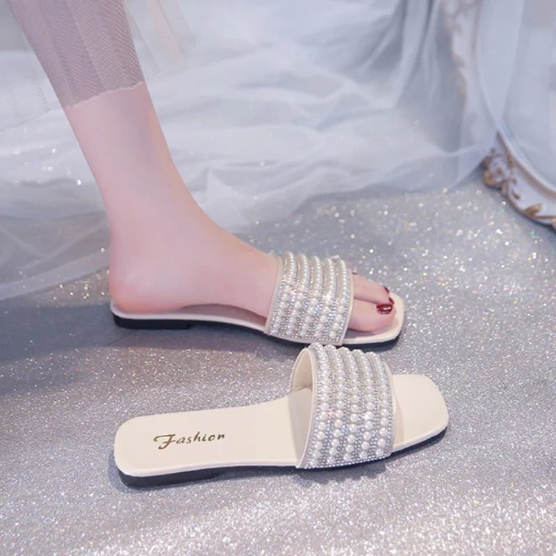 Women Square Toe Leather Flat Sandals