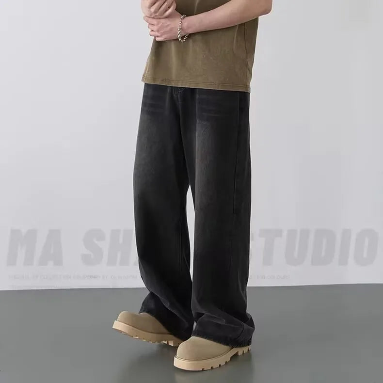 Men Washed Contrast Wide Leg Denim Jeans