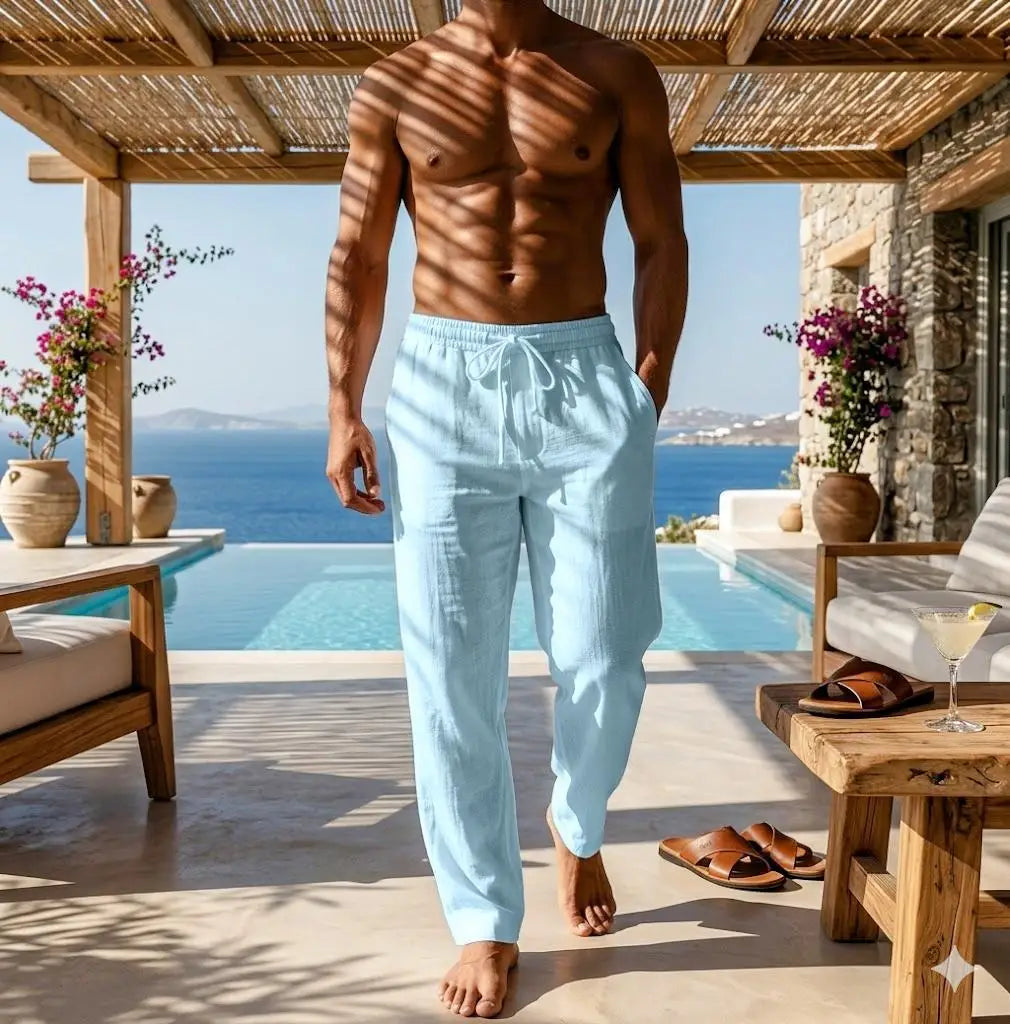 Men Cotton Linen Drawstring Beach Pants