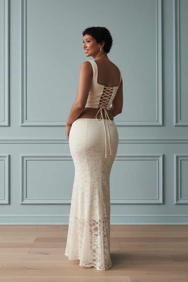 Women Lace Up Crop Top and Maxi Skirt Set