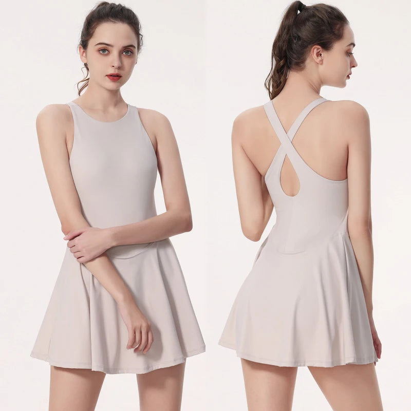 Women Summer Tennis Dress Solid Color Backless Dress