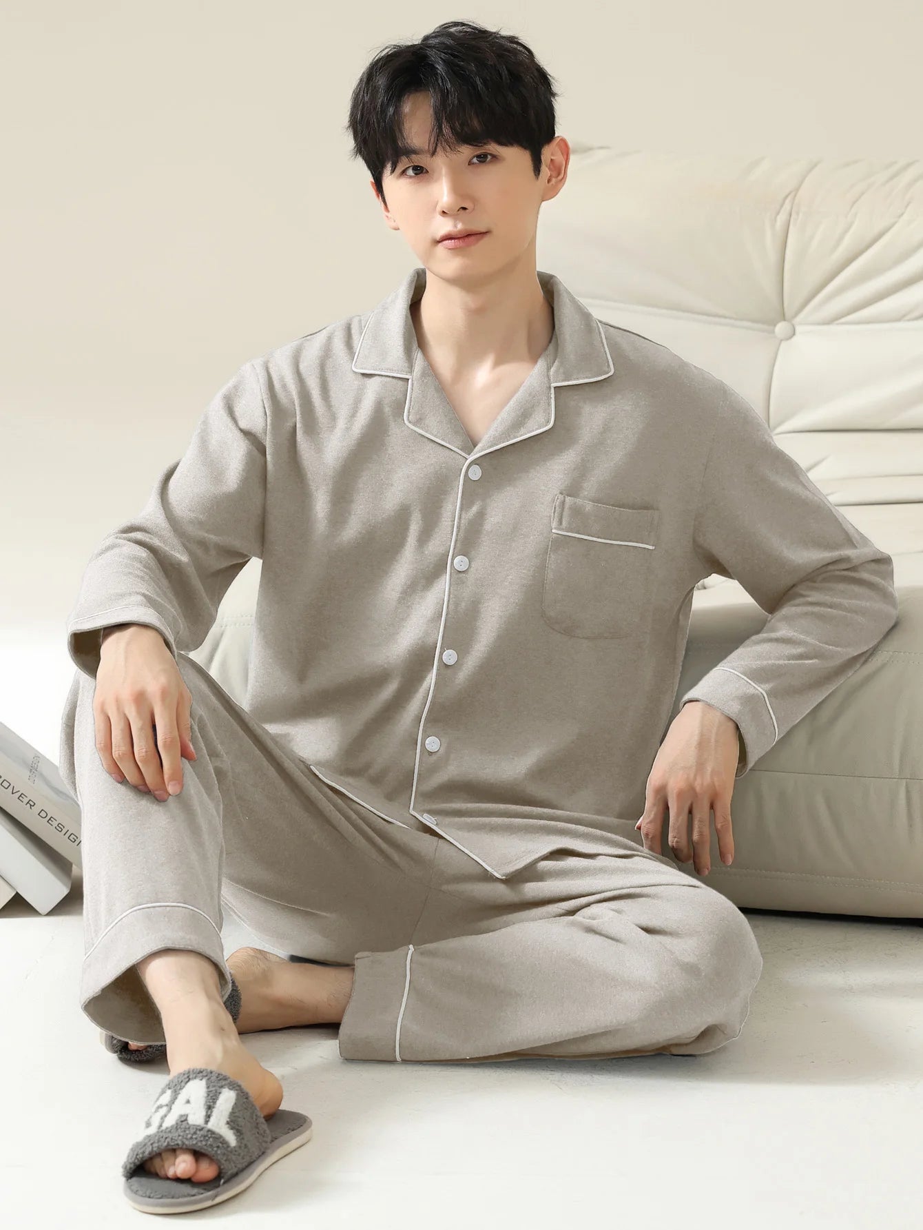 Men Cotton Long Sleeve Pajama Set Sleepwear