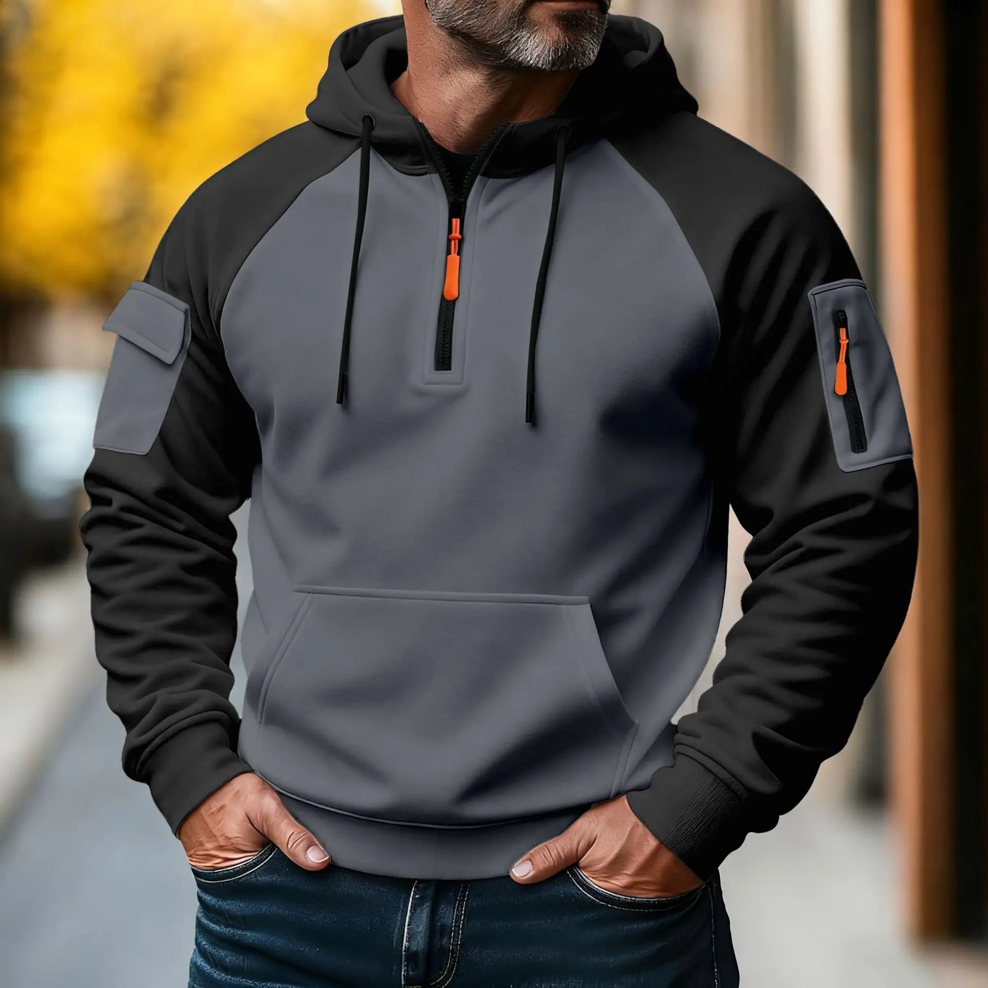 Men Hooded Zip Up  Jacket Multi Pocket Gym Hoodie