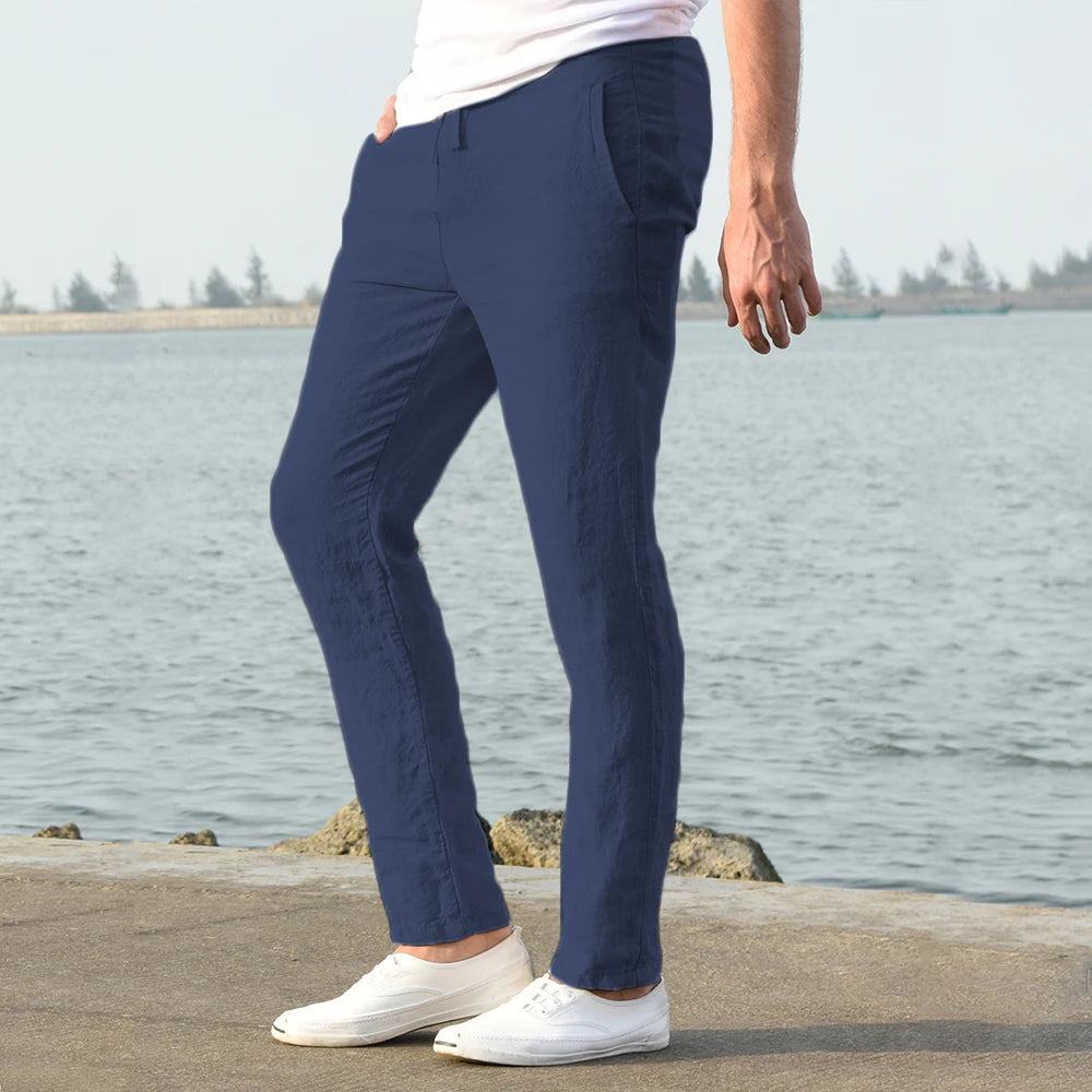 Men Cotton Linen Breathable Straight Trousers Casual