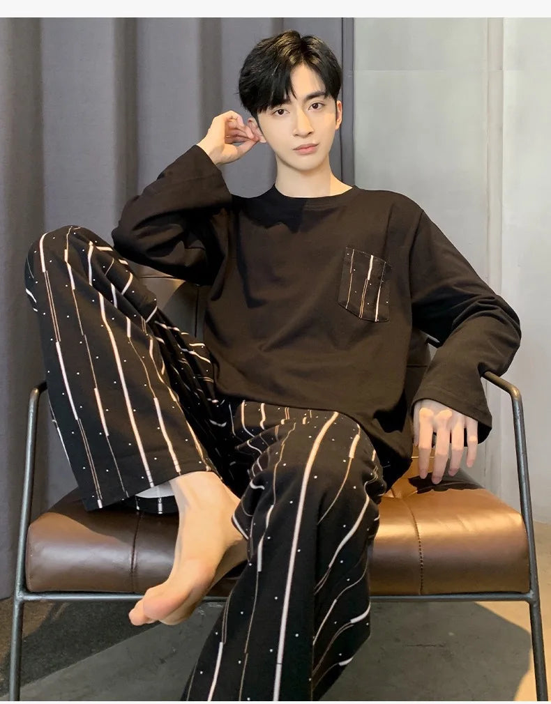 Men Black Striped Pajama Set Long Sleeve Sleepwear Loungewear