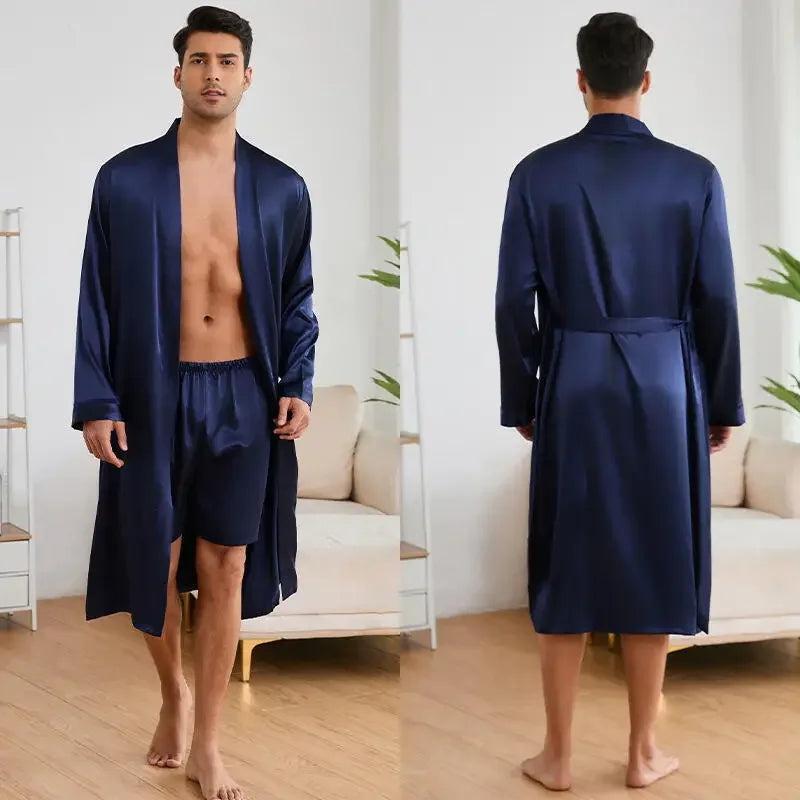Men Satin Leopard Bathrobe Set Kimono Sleepwear Loungewear