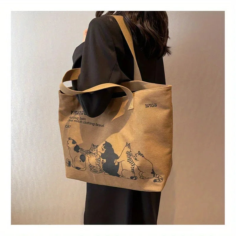 Spacious Canvas Tote Shoulder Bag with Zipper for Women