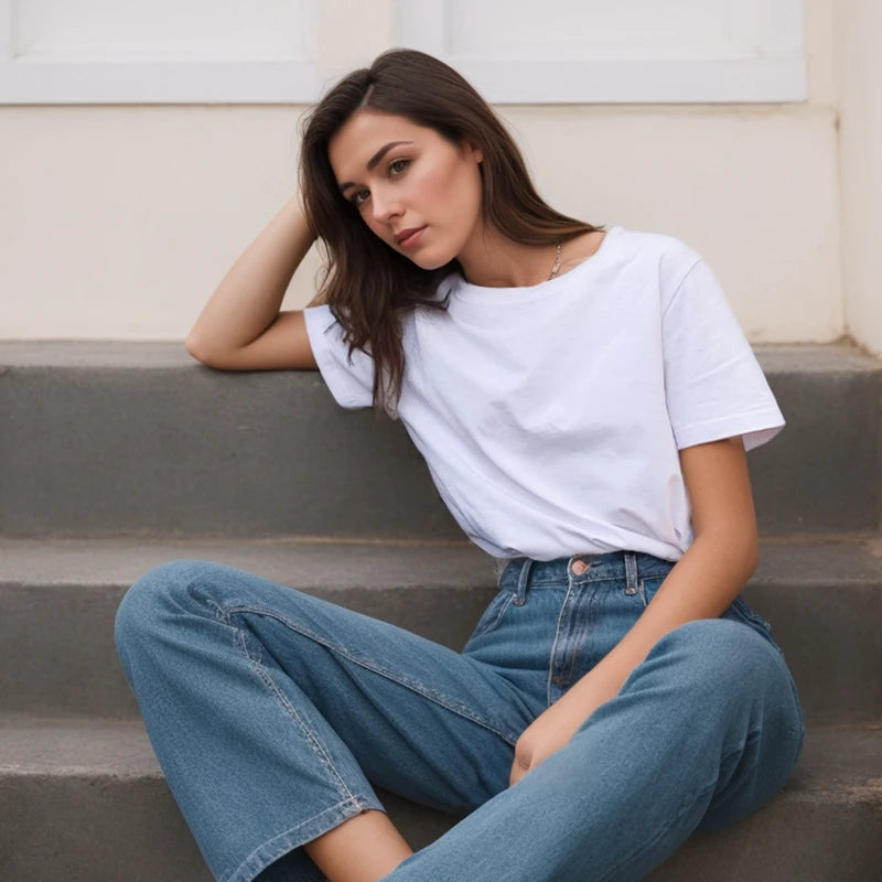 Women Heavy Cotton Short Sleeve O Neck T Shirt Casual Tee