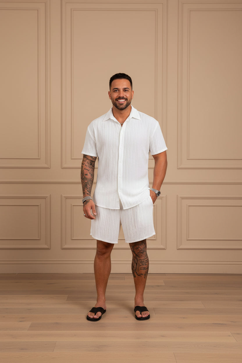 Men Solid Color Beach Shirt Shorts Set