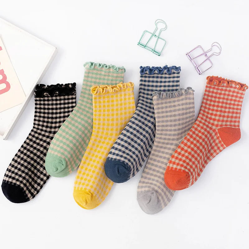 Checkered Cotton Crew Socks for Women