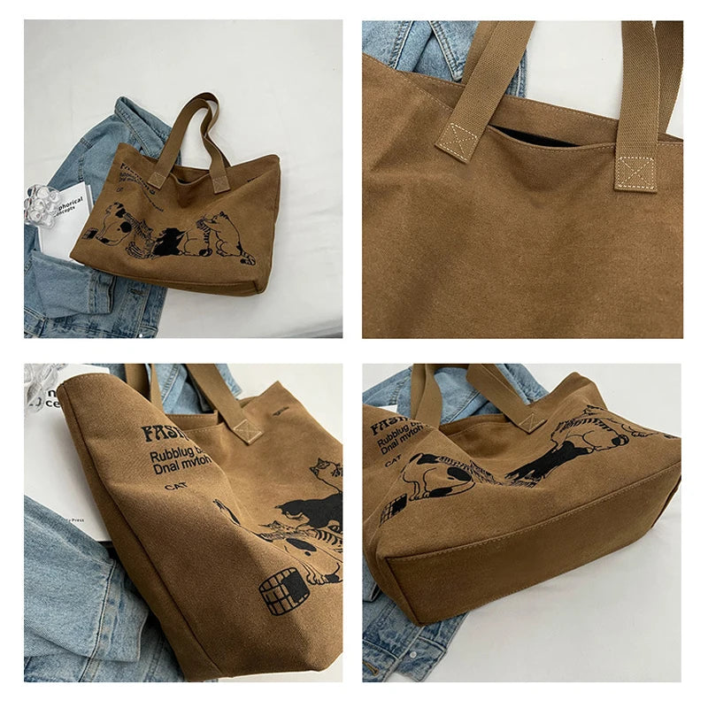 Spacious Canvas Tote Shoulder Bag with Zipper for Women