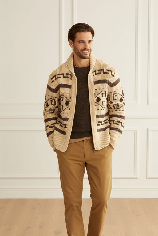 Men Jacquard Shawl Collar Knit Cardigan Jacket